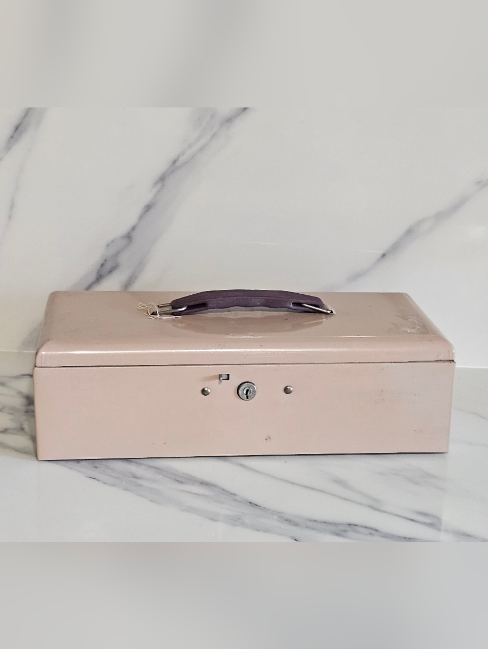 Super Cute, Vintage Pink Metal Cash Box with Purple Handle